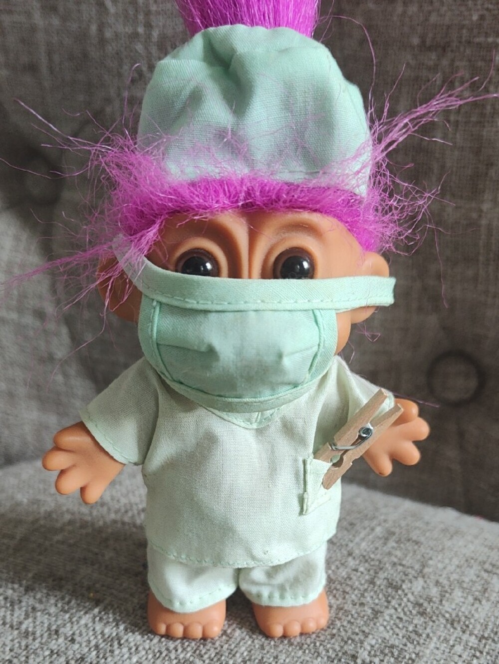 Russ Vintage Purple-Haired Troll Doll in Green Medical Surgical Scrubs